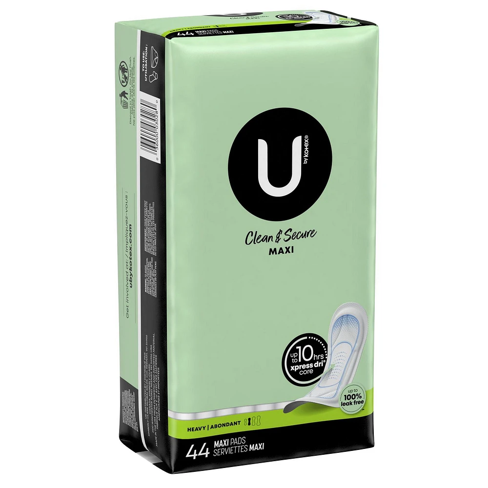 U by Kotex Clean & Secure Maxi Pads, Heavy Absorbency, Unscented, 44 Count