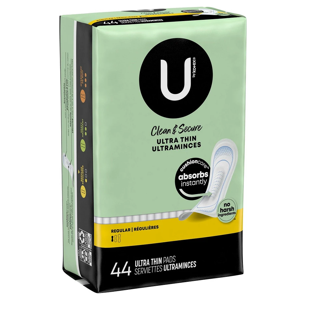Serviettes ultraminces U by Kotex Clean & Secure, absorption régulière, Sans parfum 44 Unités