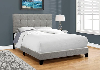 Monarch Specialties Bed, Full Size, Platform, Bedroom, Frame, Upholstered, Linen Look, Wood Legs, Grey, Transitional