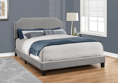 Monarch Specialties Bed, Queen Size, Platform, Bedroom, Frame, Upholstered, Linen Look, Wood Legs, Grey, Chrome, Transitional