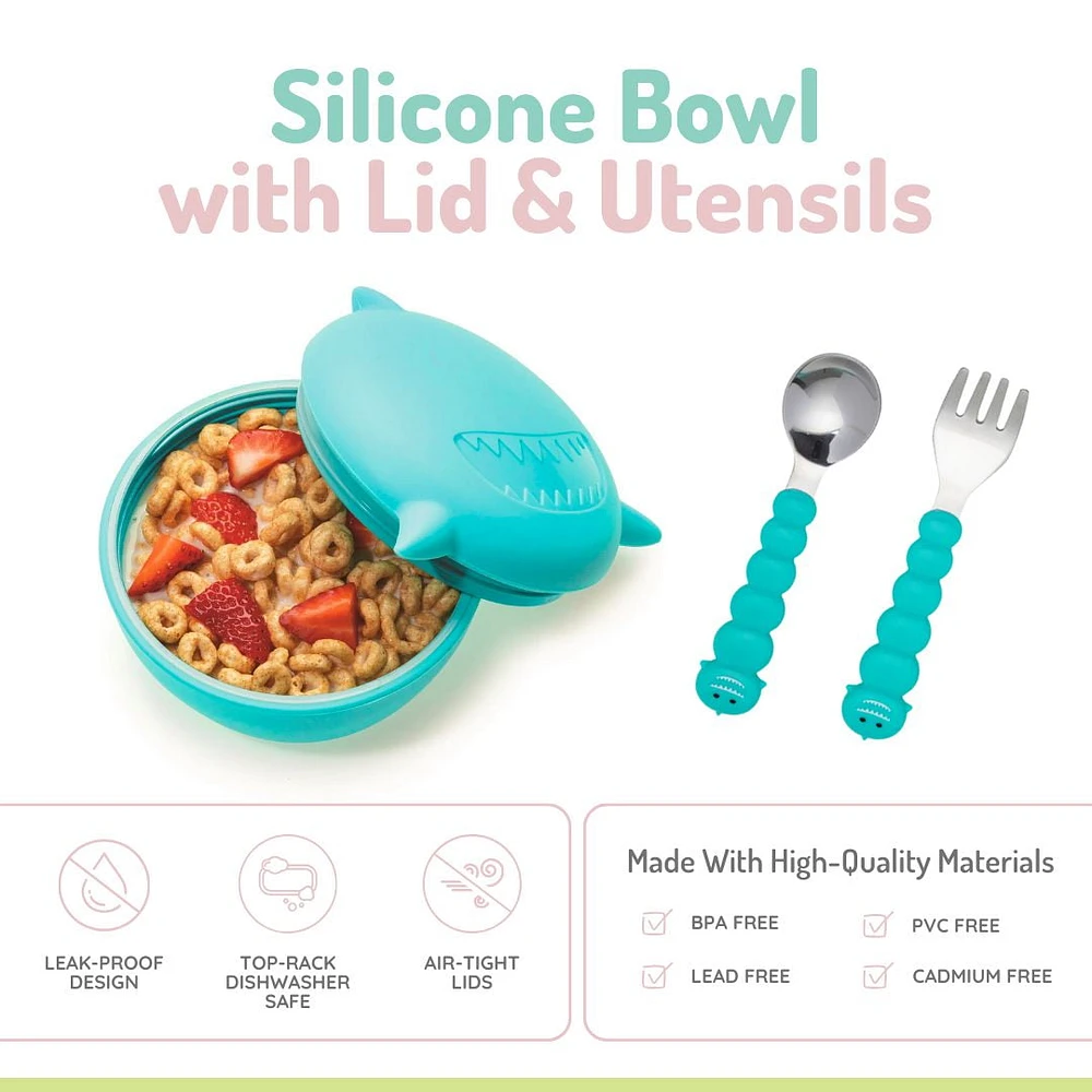 melii Bol en silicone avec couvercle et ustensiles requin