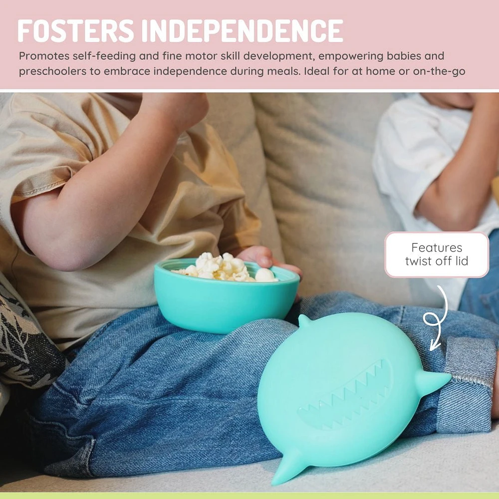 melii Bol en silicone avec couvercle et ustensiles requin