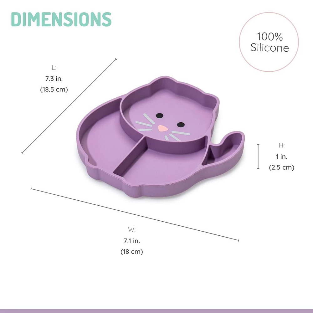 Assiette avec ventouse en silicone divisée– chat- 100 % silicone, pour bébé et les tous-petits - sans BPA, va au lave-vaisselle et au micro-ondes. Assiette en silicone divisée