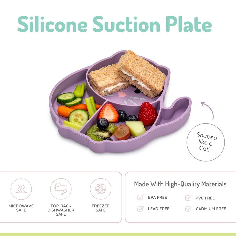 Assiette avec ventouse en silicone divisée– chat- 100 % silicone, pour bébé et les tous-petits - sans BPA, va au lave-vaisselle et au micro-ondes. Assiette en silicone divisée