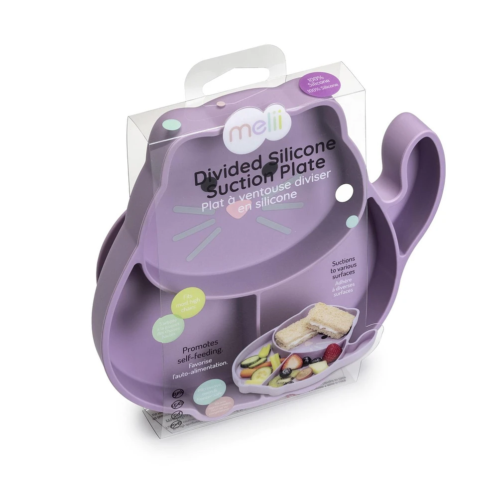 Assiette avec ventouse en silicone divisée– chat- 100 % silicone, pour bébé et les tous-petits - sans BPA, va au lave-vaisselle et au micro-ondes. Assiette en silicone divisée