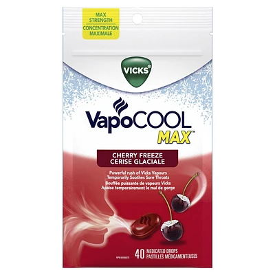 Vicks VapoCOOL Max Drops, Max Strength Medicated Drops, Soothes Sore Throat Pain Caused by Cough, Cherry Freeze Flavor, 40CT