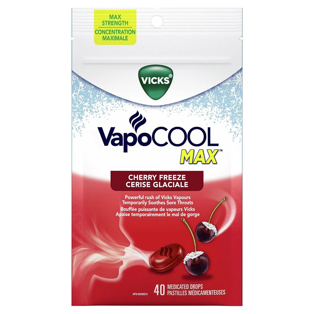 Vicks VapoCOOL Max Drops, Max Strength Medicated Drops, Soothes Sore Throat Pain Caused by Cough, Cherry Freeze Flavor, 40CT