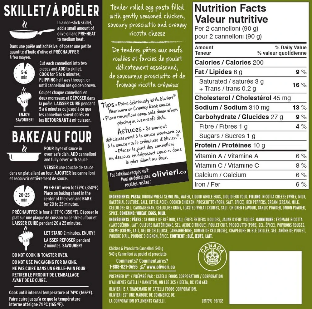 Olivieri Fresh Cannelloni Chicken Prosciutto, Fresh Pasta, 540 g