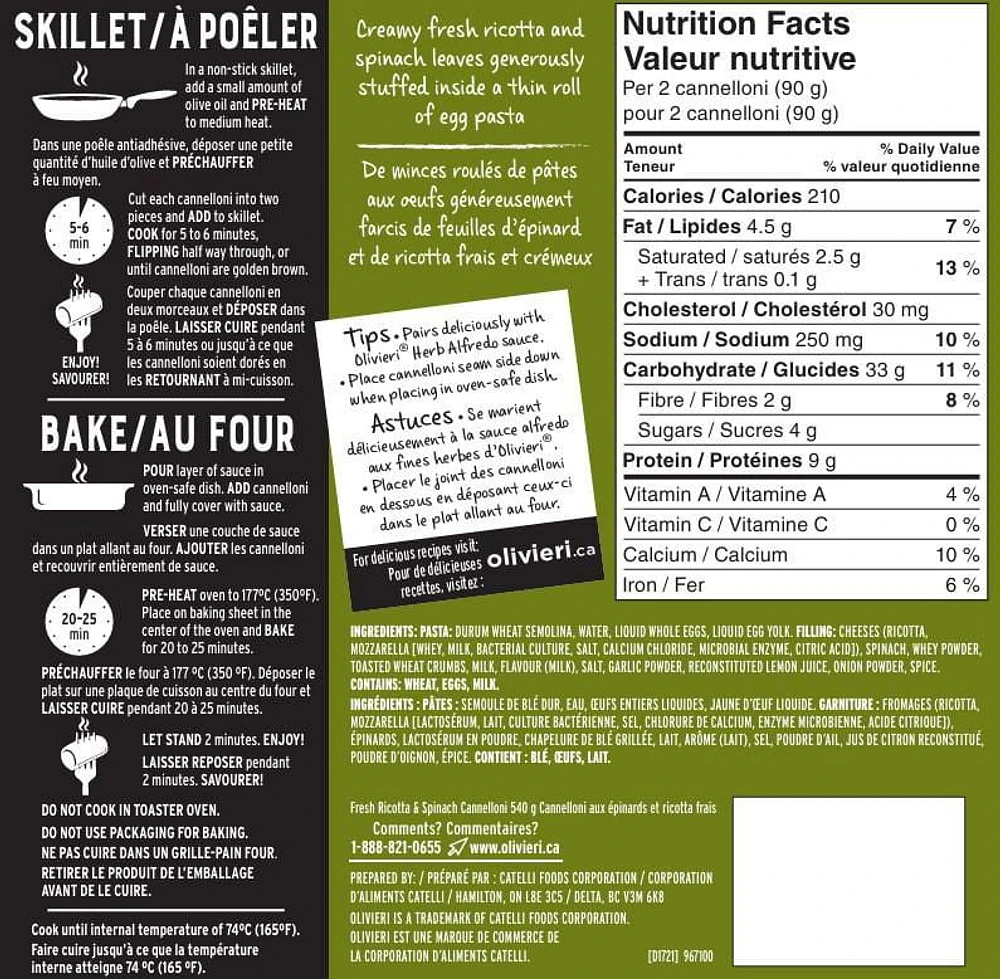 Olivieri Ricotta and Spinach Cannelloni 540g, Oli Spin/Ricotta Cannel 540g