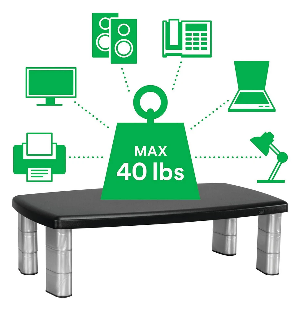 3M™ Adjustable Monitor Stand MS90B, Black & Silver, Extra Wide, 12 in x 20 in x 5.875 in