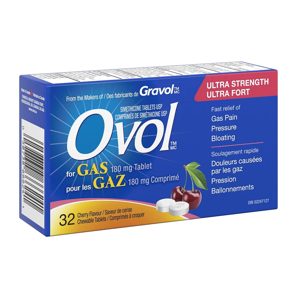 OVOL Ultra Strength 180mg Chewable, Cherry Flavour, 32, OVOL Ultra Strength cherry flavoured chewable tablets work quickly to break down trapped gas bubbles in the stomach and intestines providing fast relief of gas, pressure and bloating.