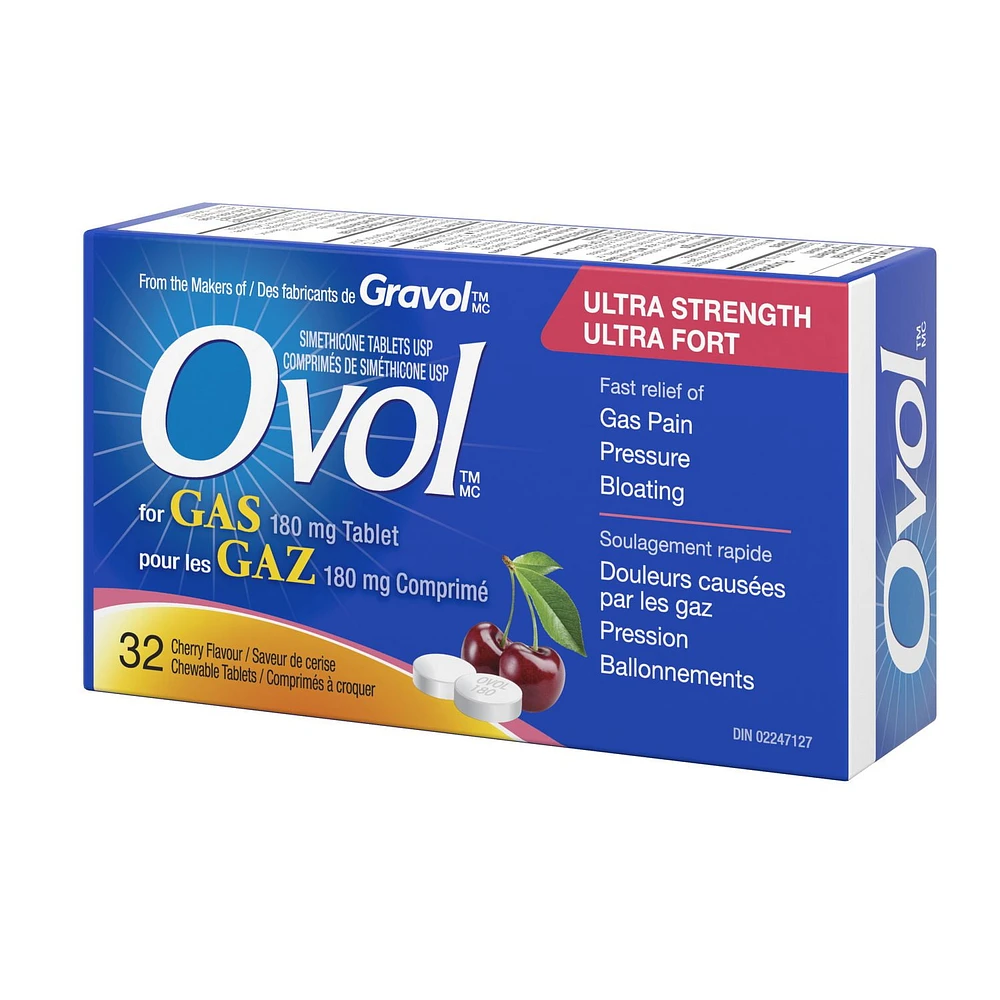 OVOL Ultra Strength 180mg Chewable, Cherry Flavour, 32, OVOL Ultra Strength cherry flavoured chewable tablets work quickly to break down trapped gas bubbles in the stomach and intestines providing fast relief of gas, pressure and bloating.