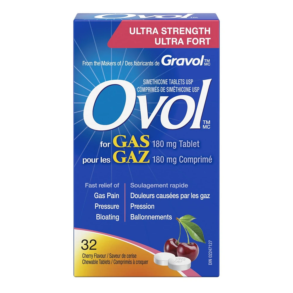 OVOL Ultra Strength 180mg Chewable, Cherry Flavour, 32, OVOL Ultra Strength cherry flavoured chewable tablets work quickly to break down trapped gas bubbles in the stomach and intestines providing fast relief of gas, pressure and bloating.