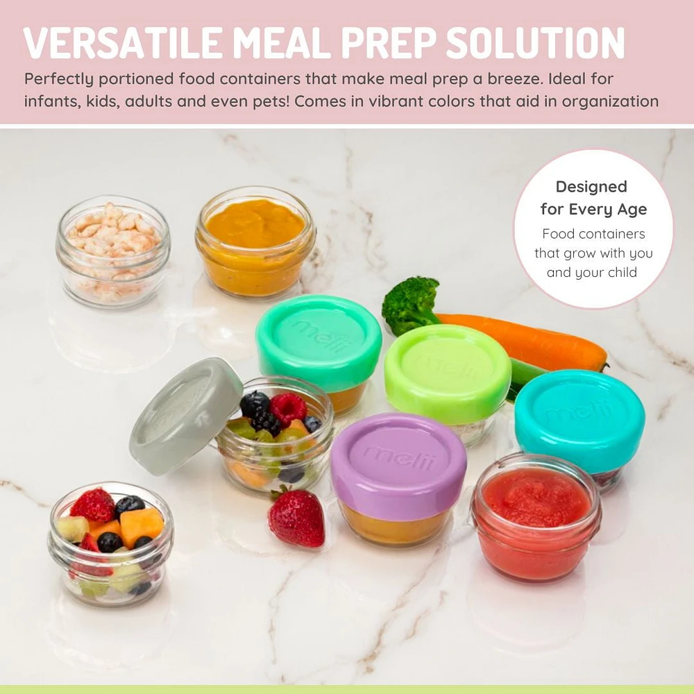 melii Glass Baby Food Freezer Jars, Snack Container with Lids, BPA Free, Microwave & Dishwasher safe