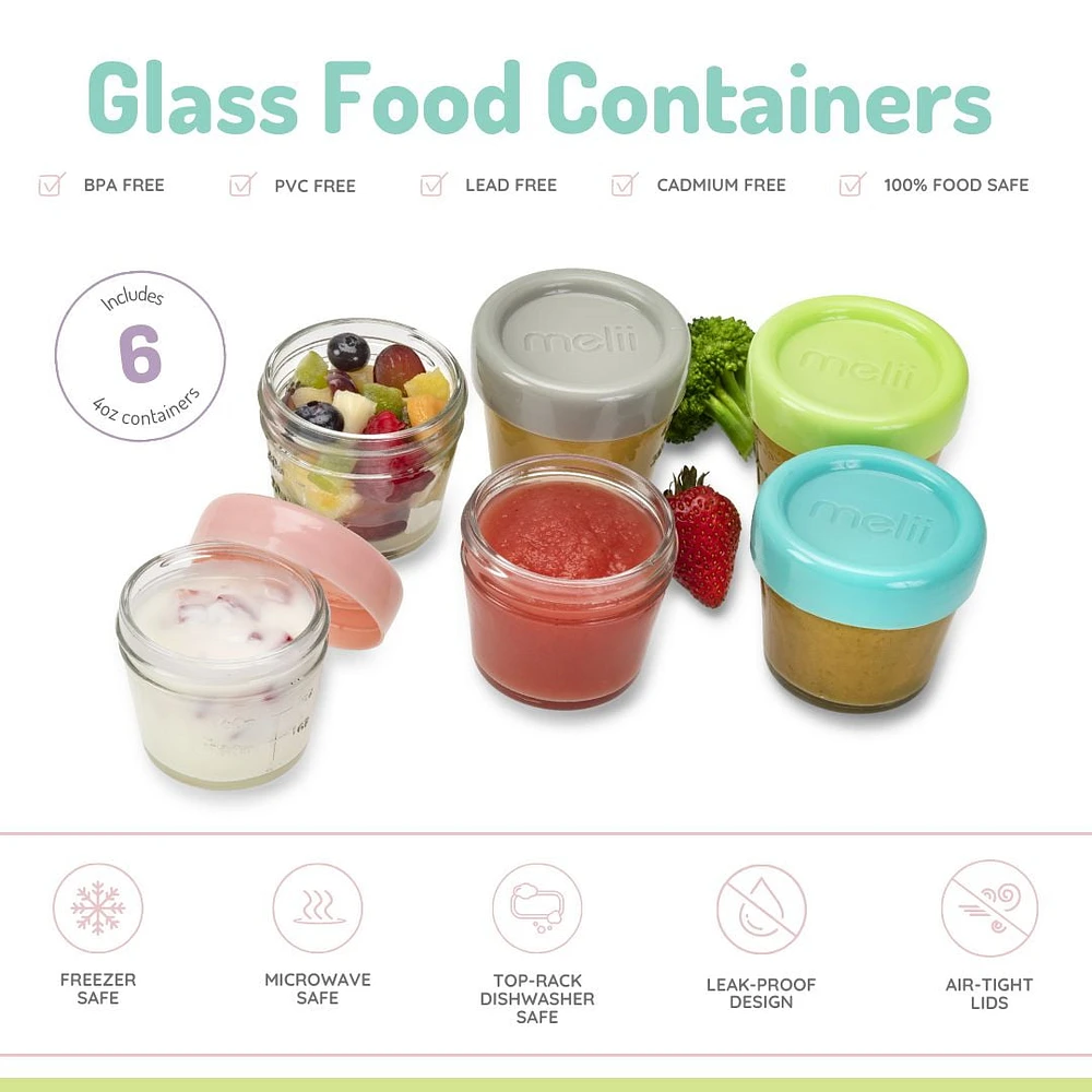 melii Glass Baby Food Freezer Jars, Snack Container with Lids, BPA Free, Microwave & Dishwasher safe