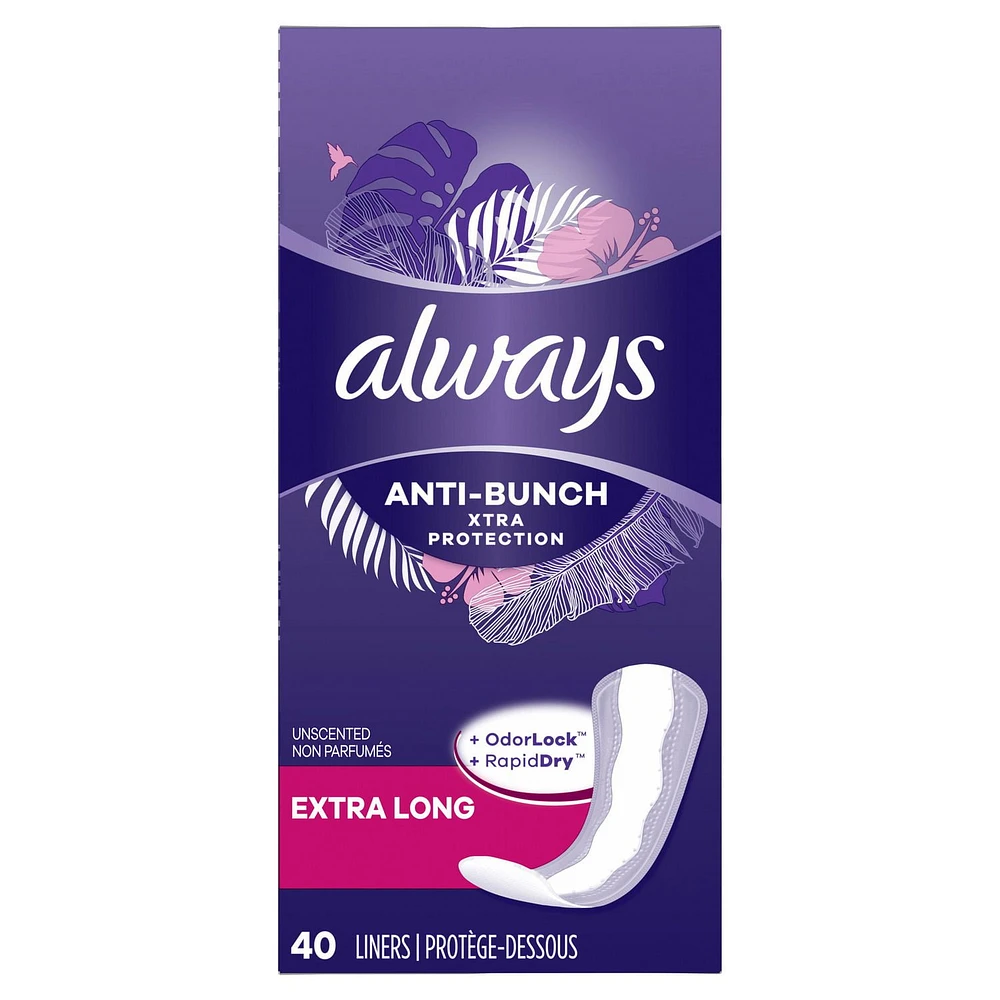 Protège-dessous quotidiens Always Anti-Bunch Xtra Protection, extra longs, non parfumés, 40 protège-dessous 40CT