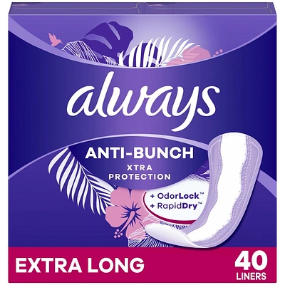 Protège-dessous quotidiens Always Anti-Bunch Xtra Protection, extra longs, non parfumés, 40 protège-dessous 40CT