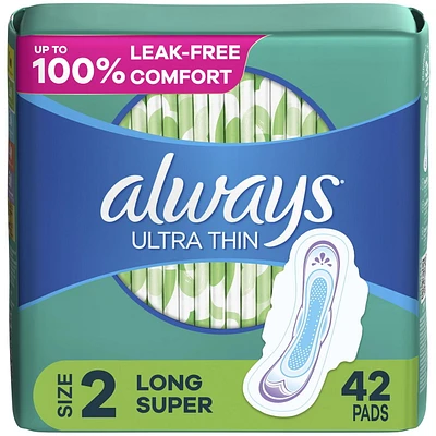 Always Ultra Thin Feminine Pads with Wings for Women, Size 2, Long Super Absorbency, Unscented, 42CT