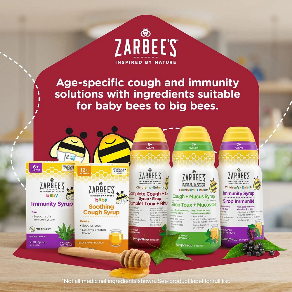 Zarbee's Sirop Complet Toux + Rhume pour enfants, zinc, miel, curcuma, racine de guimauve, vitamines B, feuille de lierre 118 ml