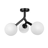 3-Light Matte Black Semi-Flush Mount Ceiling Light with Frosted Angular Glass Shade