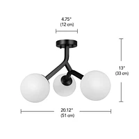 3-Light Matte Black Semi-Flush Mount Ceiling Light with Frosted Angular Glass Shade