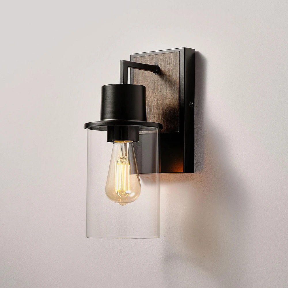 1-Light Matte Black and Faux Wood Outdoor Wall Sconce with Clear Glass Shade