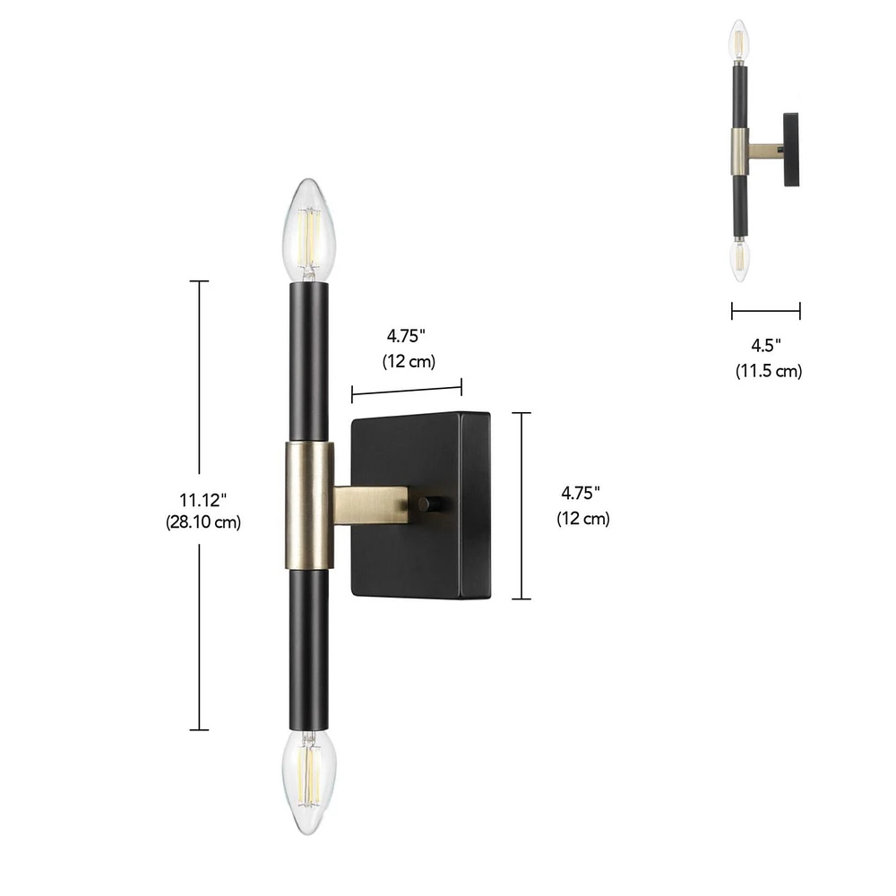 2-Light Matte Black Wall Sconce with Antique Brass Accent