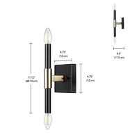 2-Light Matte Black Wall Sconce with Antique Brass Accent