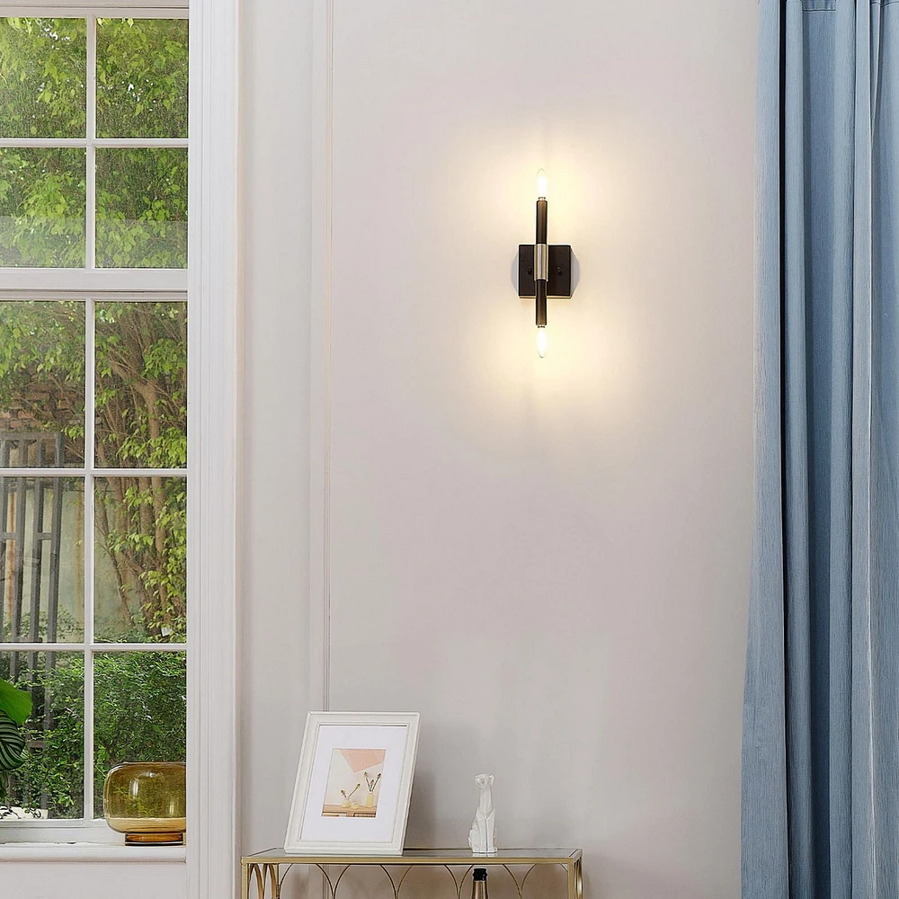 2-Light Matte Black Wall Sconce with Antique Brass Accent