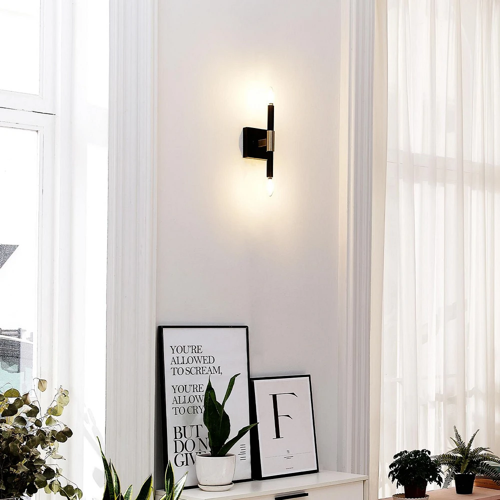 2-Light Matte Black Wall Sconce with Antique Brass Accent