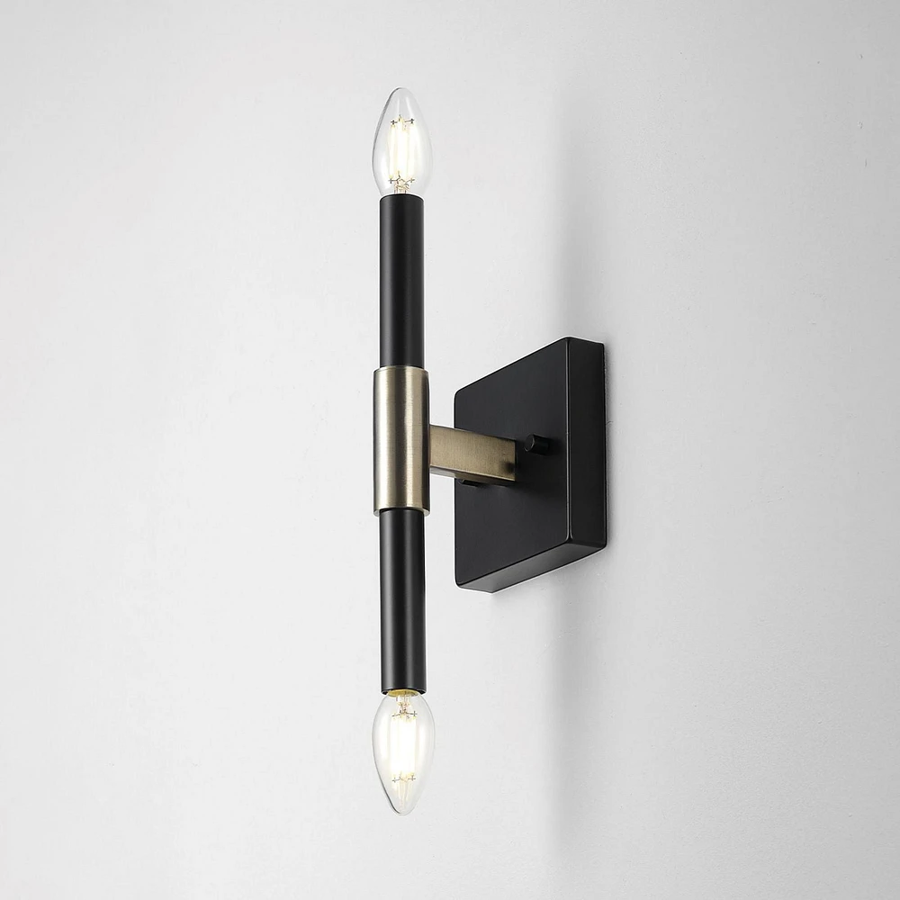 2-Light Matte Black Wall Sconce with Antique Brass Accent