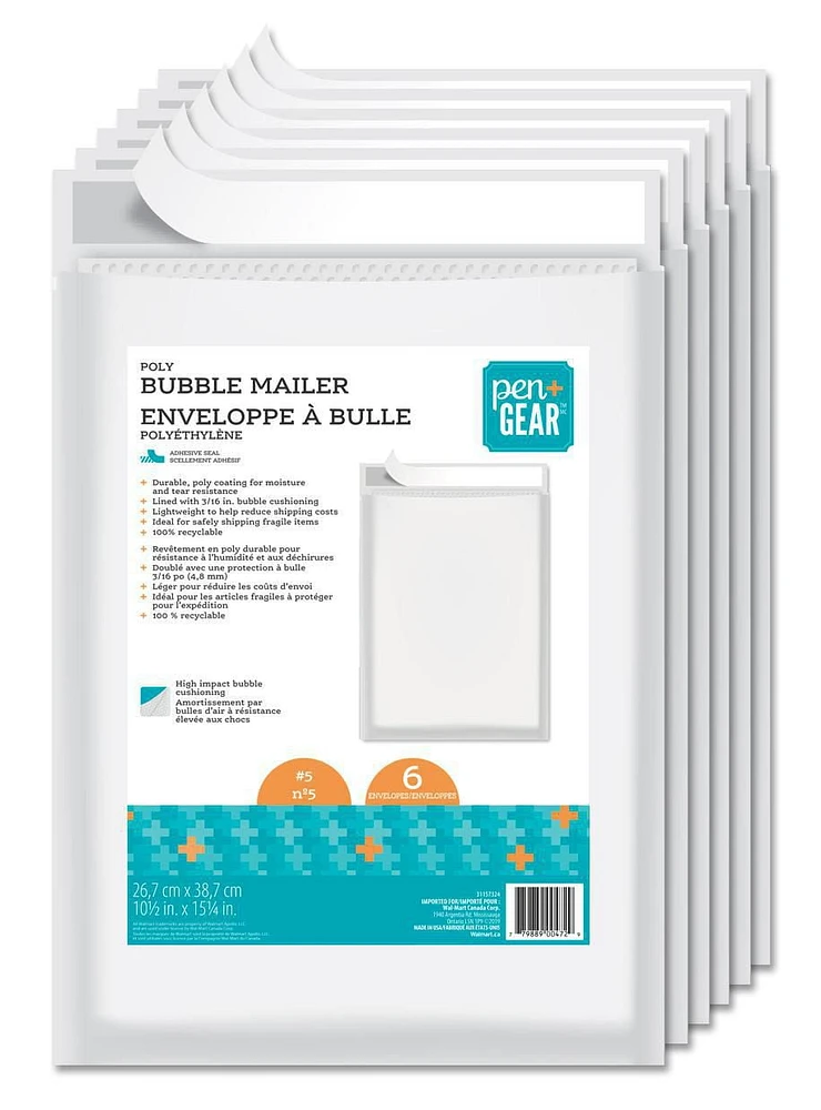 Pen+Gear Poly Bubble Mailer #5, 10-1/2" x 15-1/4", Pack of 6