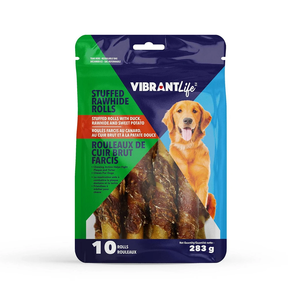 VibrantLife Stuffed Rolls with Duck, Rawhide and Sweet Potato Chews for Dogs, 283 g