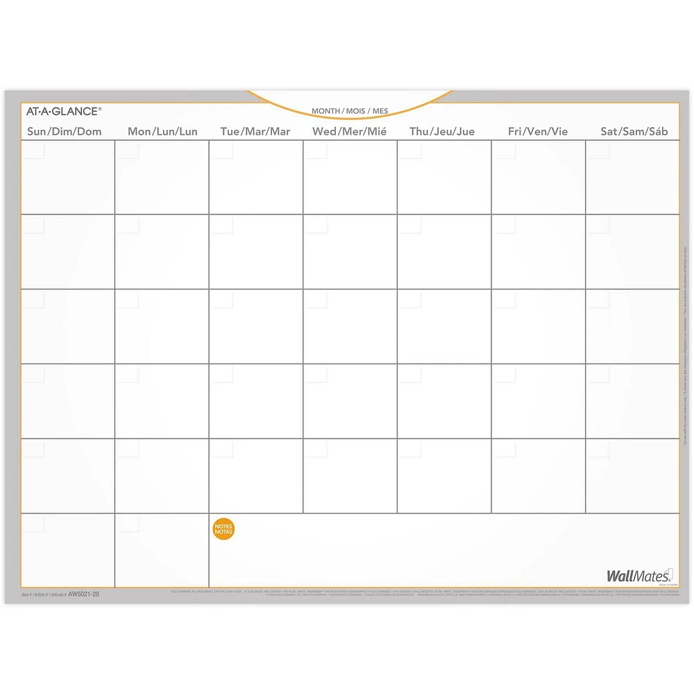 Wallmates Self-Adhesive Dry-Erase Undated Monthly Planner, 24 x 18