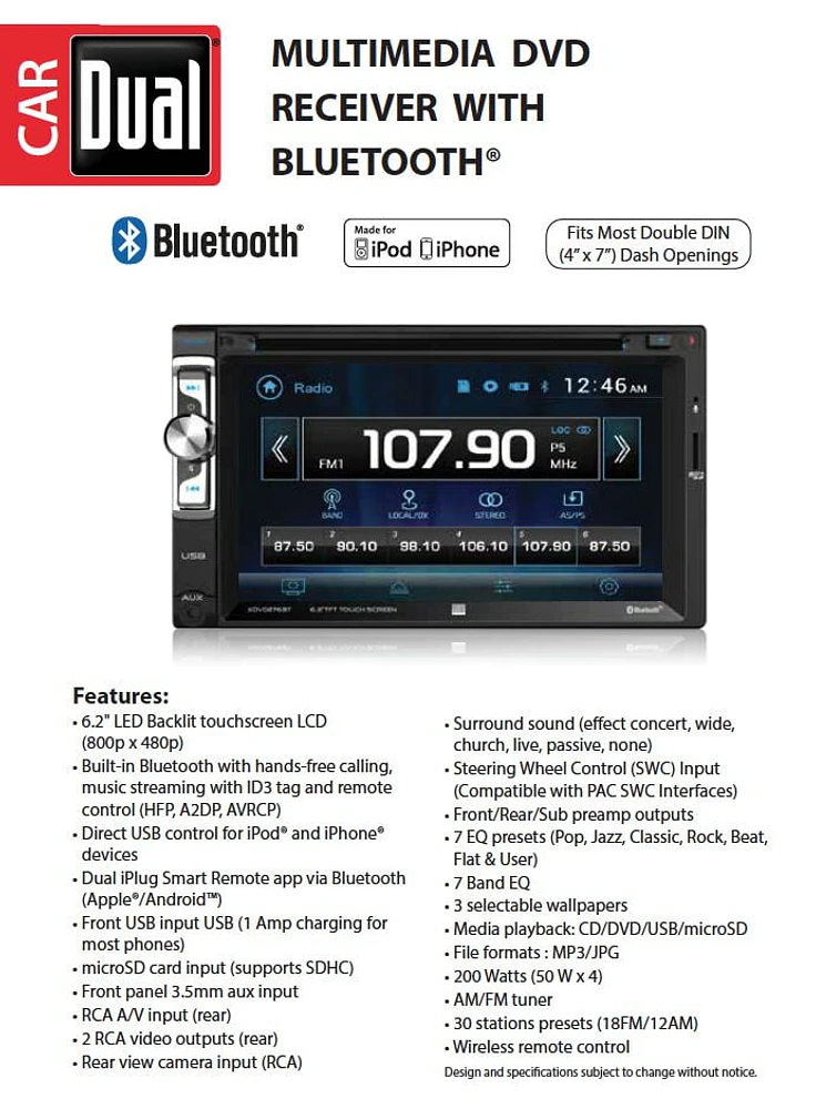 Dual Electronics XDVD276BT 6.2 inch LED Backlit LCD Multimedia Touch Screen Double Din Car Stereo with Built-In Bluetooth, iPlug, CD/DVD Player & USB/microSD Ports