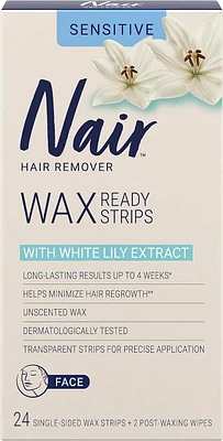 Nair Wax Ready Strips for Sensitive Skin with White Lily, 24 Wax strips + 2 Wipes