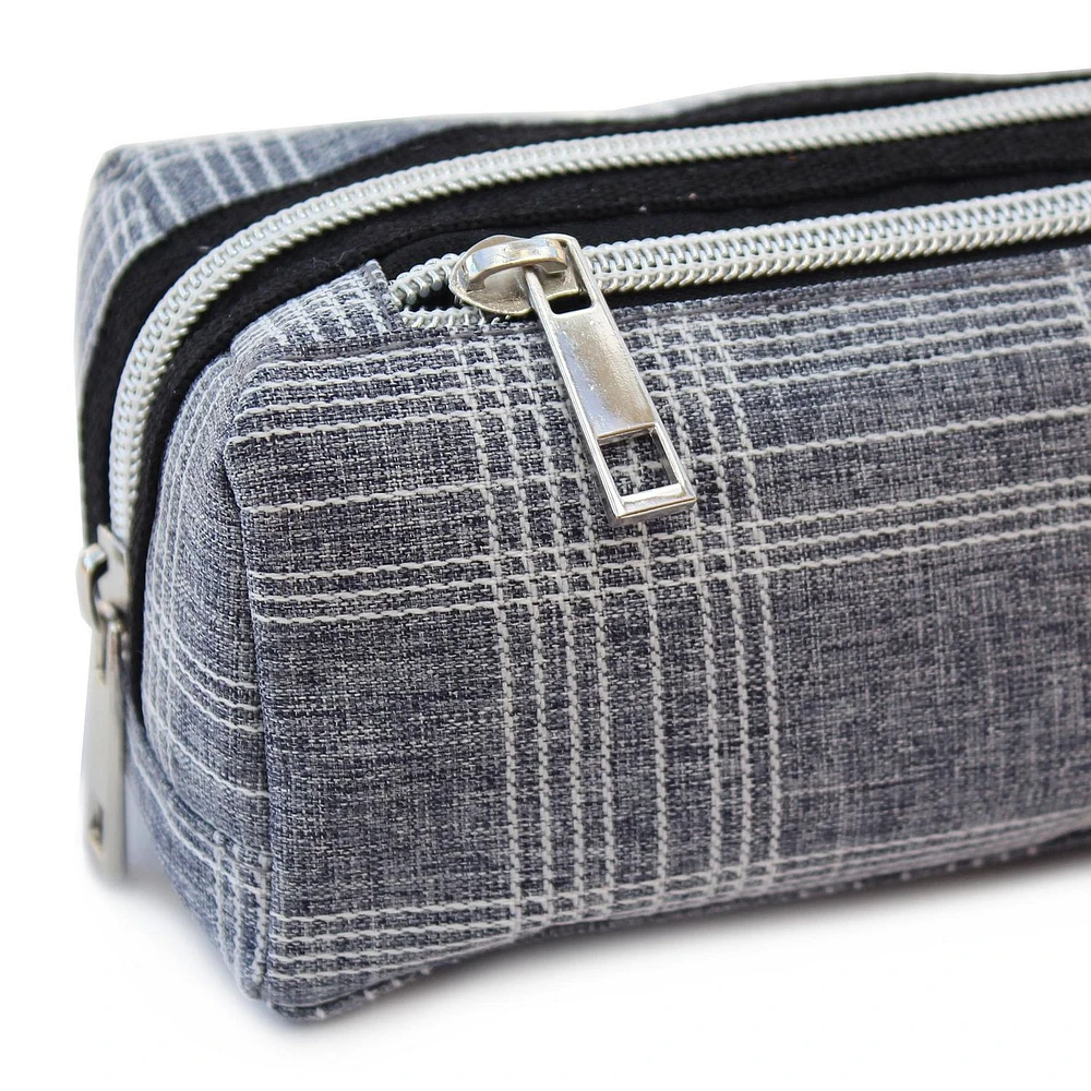 Pen+Gear Checked Pencil Pouch in Blue Grey with White Stitched Pattern