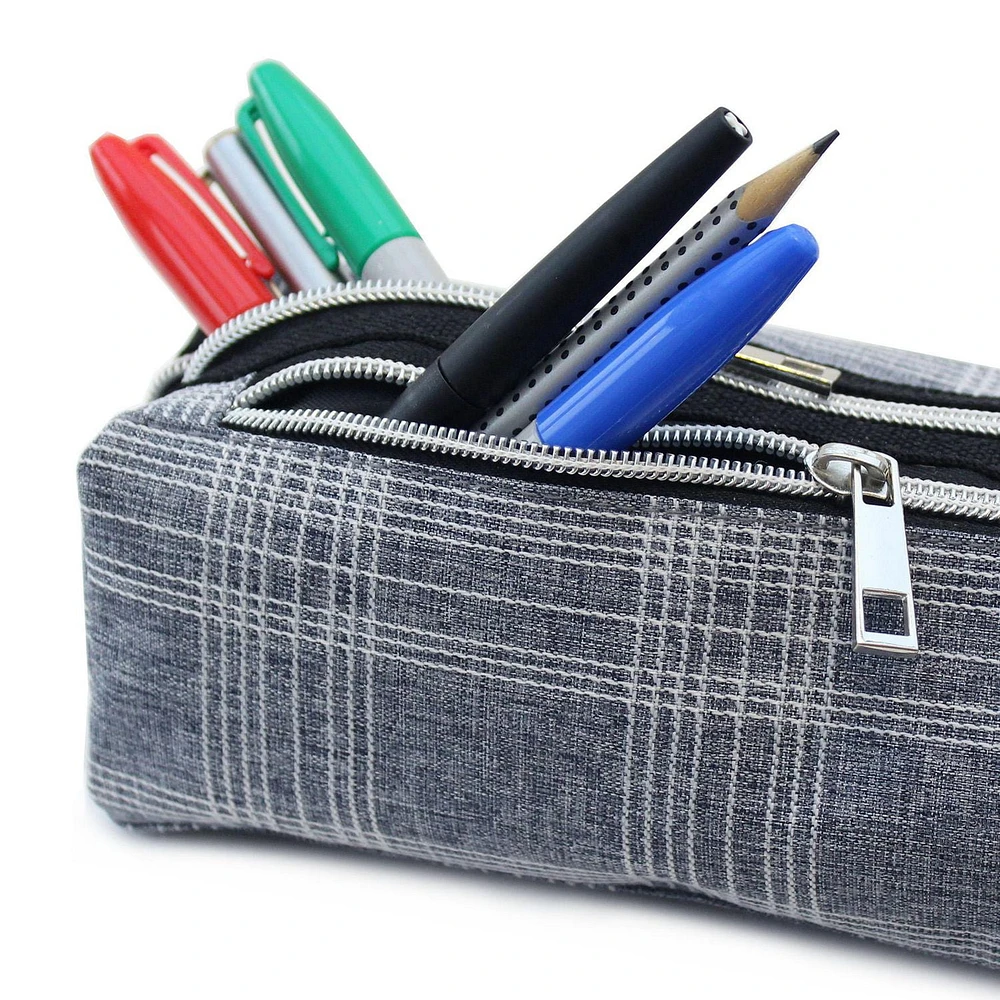 Pen+Gear Checked Pencil Pouch in Blue Grey with White Stitched Pattern