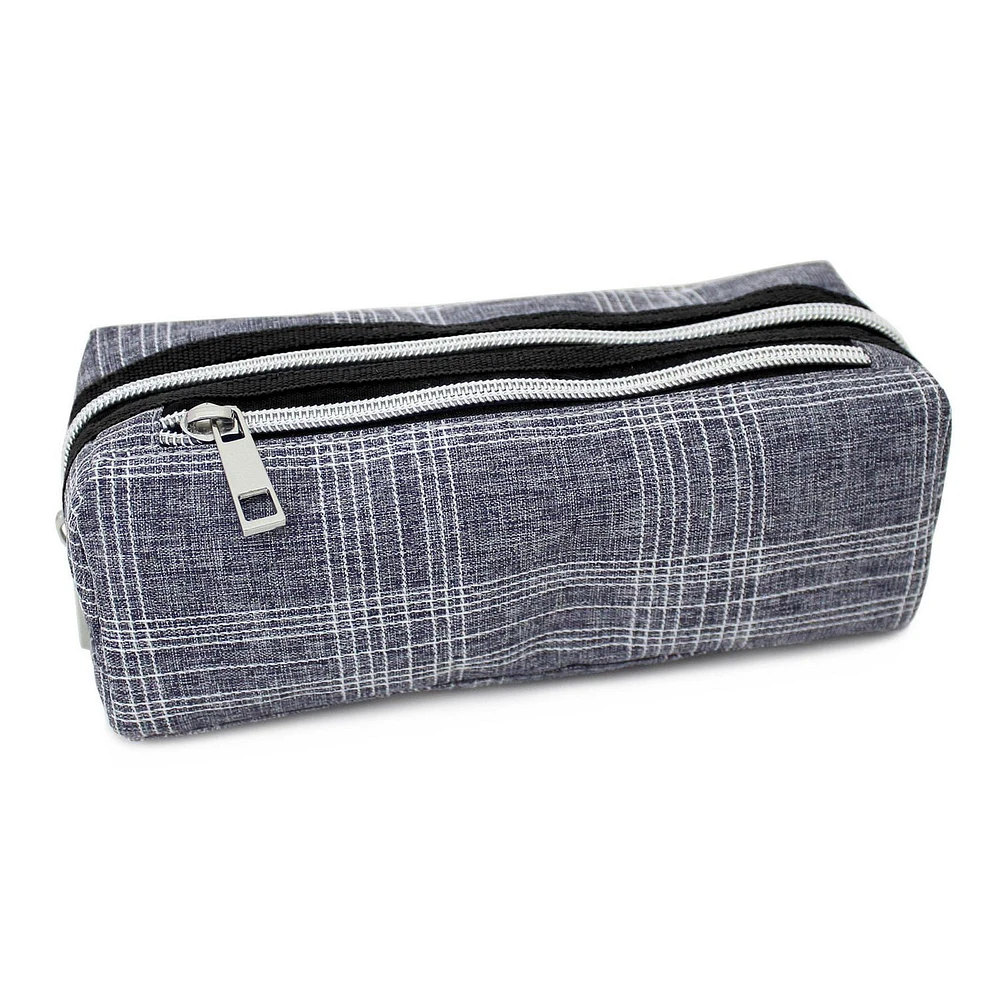 Pen+Gear Checked Pencil Pouch in Blue Grey with White Stitched Pattern