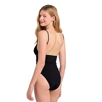 Summer Flirtt Maillot de bain une pièce noir à dos nu froncé pour femme avec attaches latérales ajustables