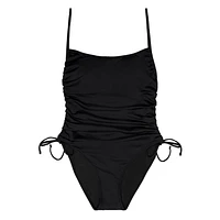 Summer Flirtt Maillot de bain une pièce noir à dos nu froncé pour femme avec attaches latérales ajustables