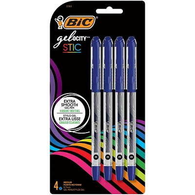 BIC Gel-ocity Gel Stic pens, Medium Point (0.7 mm), blue, 4-Count Pack, perfect for everyday writing at work, school or home