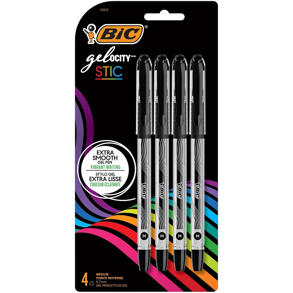 BIC Gel-ocity Gel Stic pens, Medium Point (0.7 mm), black, 4-Count Pack, perfect for everyday writing at work, school or home