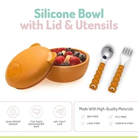 Melii Silicone Bowl with Lid & Utensils – spoon and fork for Baby, Toddlers and Kids, BPA Free, Dishwasher & Microwave Safe