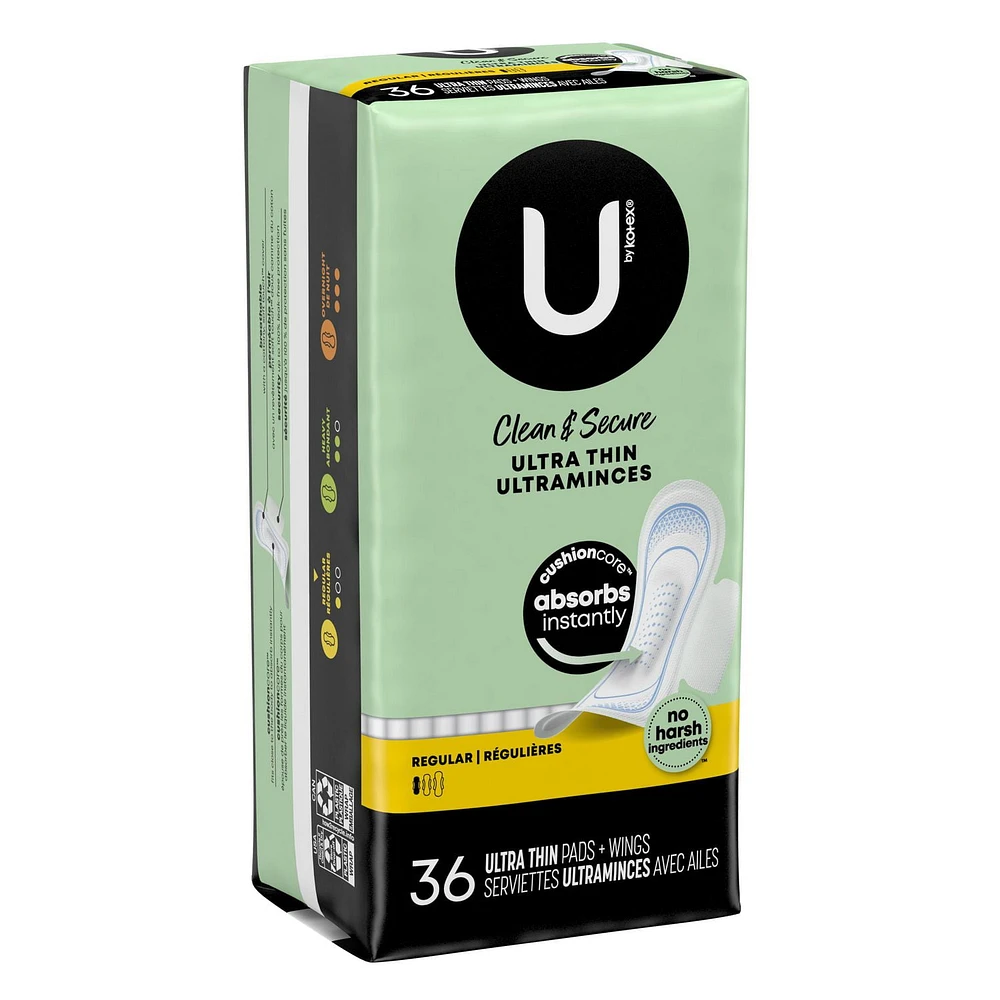 U by Kotex Clean & Secure Ultra Thin Pads with Wings, Regular Absorbency, 36 Count