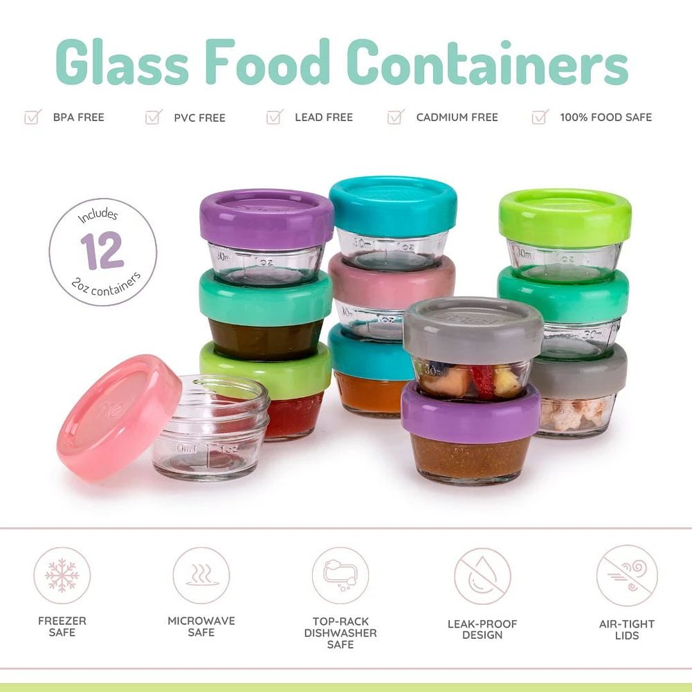 melii Glass Baby Food Freezer Jars, Snack Container with Lids, BPA Free, Microwave & Dishwasher safe