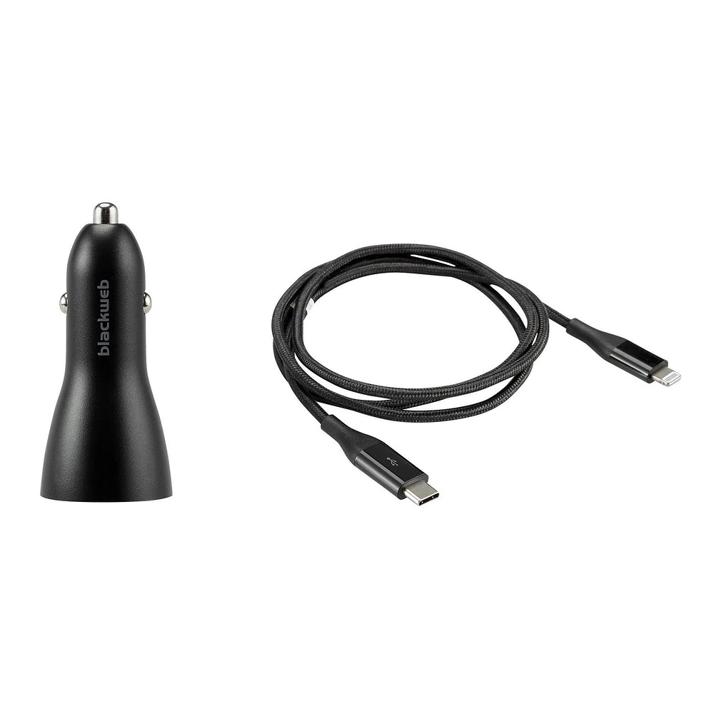 blackweb ™ Fast Charge Lightning to USC-C Power Delivery Dual Port Car Charger (Black), Charge 2 devices at once