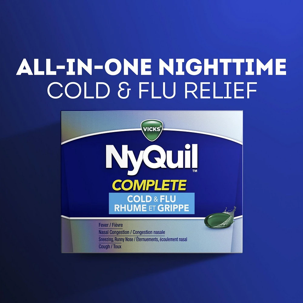 Vicks NyQuil Cold, Flu, and Congestion Medicine, relieves nighttime Cough, Sore Throat Pain, Fever, Runny Nose, Sneezing, Sinus Pressure, Sinus Congestion, 24 LiquiCaps