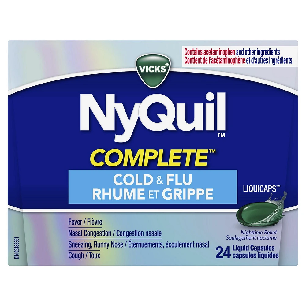 Vicks NyQuil Cold, Flu, and Congestion Medicine, relieves nighttime Cough, Sore Throat Pain, Fever, Runny Nose, Sneezing, Sinus Pressure, Sinus Congestion, 24 LiquiCaps