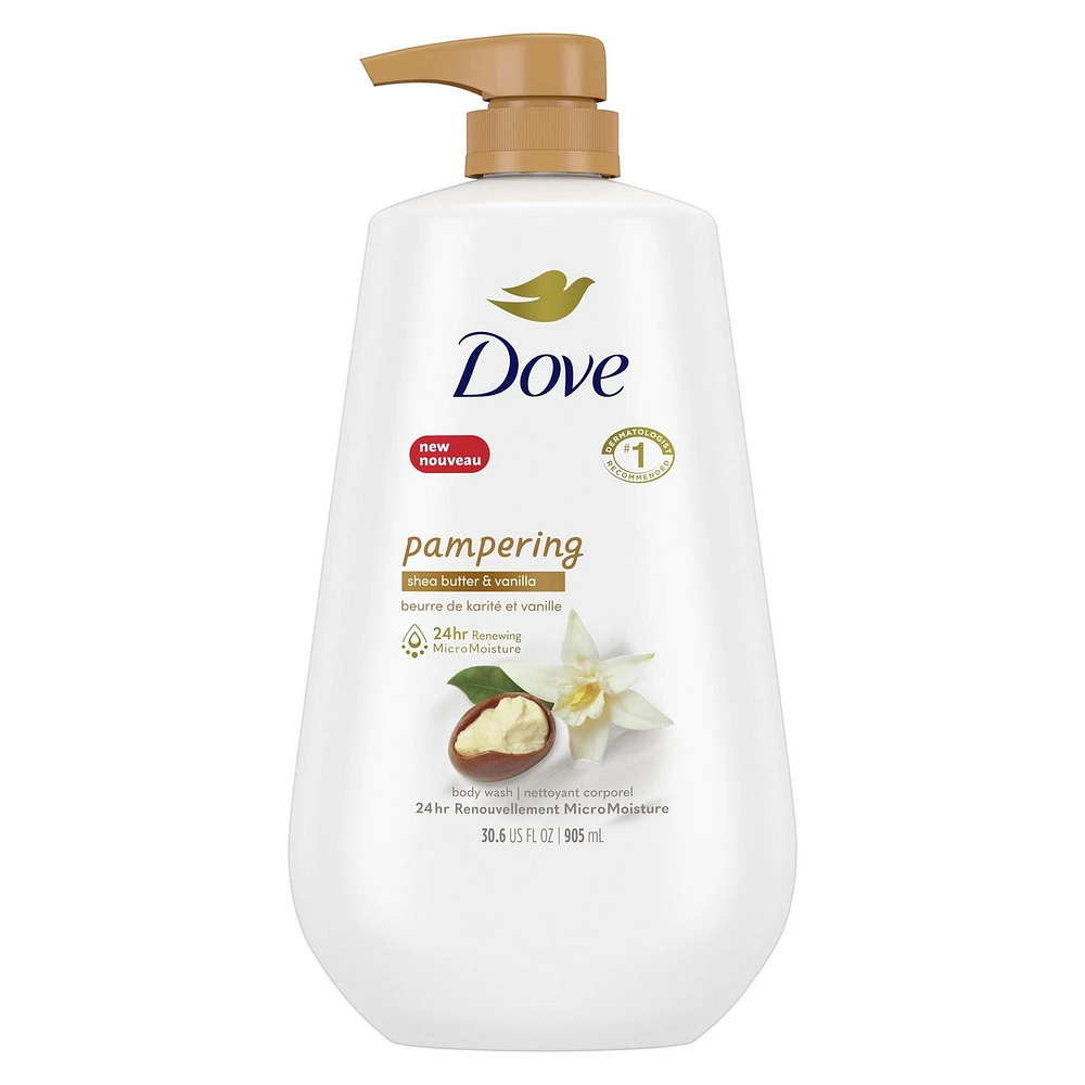 Dove Body Wash with Pump for 24hr Lotion-Soft Skin Pamper Shea Butter & Vanilla Moisturizing Skin Cleanser with No Sulfates No Parabens 905 ml, 905ml